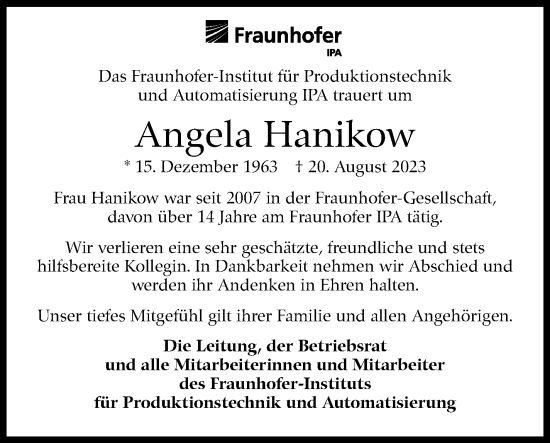 Traueranzeige von Angela Hanikow von Stuttgarter Zeitung / Stuttgarter Nachrichten