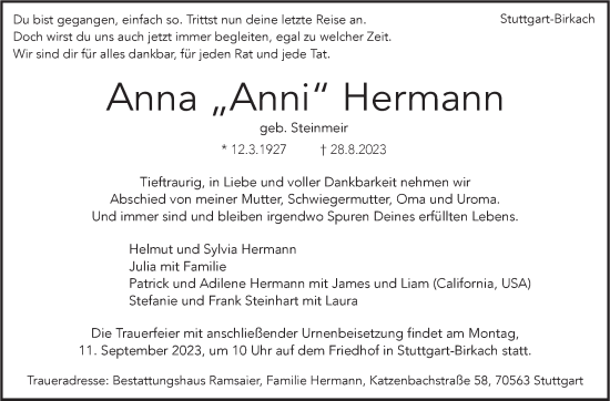Traueranzeige von Anna Hermann von Stuttgarter Zeitung / Stuttgarter Nachrichten