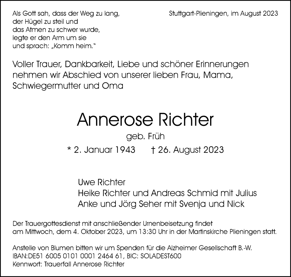  Traueranzeige für Annerose Richter vom 09.09.2023 aus Stuttgarter Zeitung / Stuttgarter Nachrichten