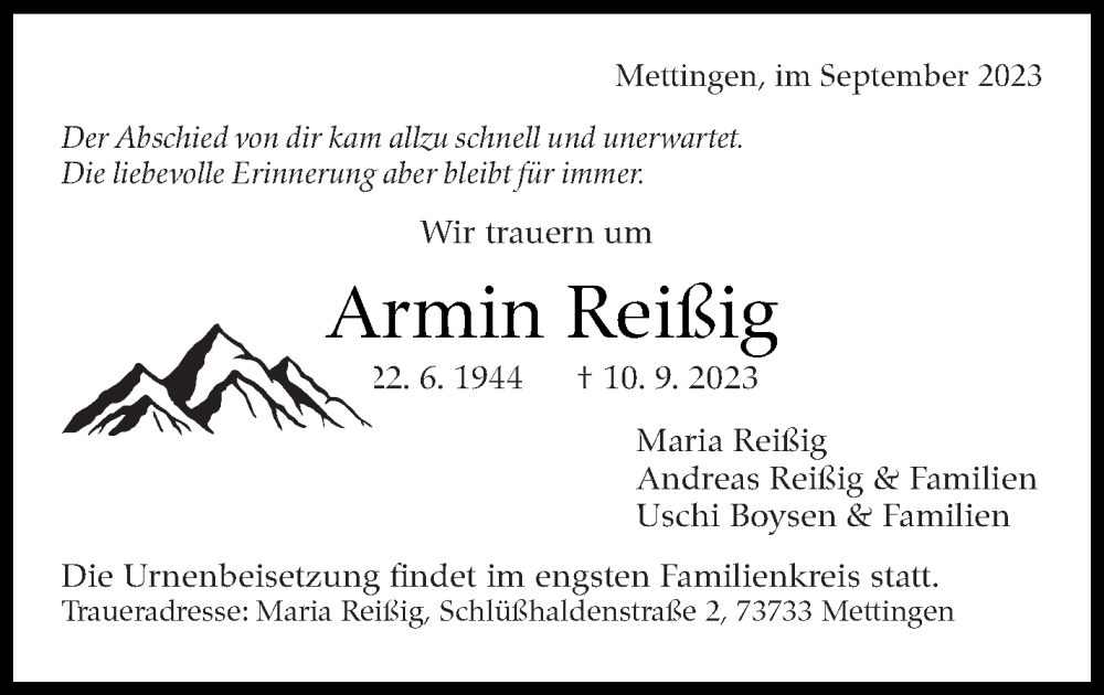  Traueranzeige für Armin Reißig vom 21.09.2023 aus Stuttgarter Zeitung / Stuttgarter Nachrichten