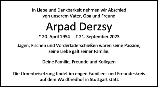 Traueranzeige von Arpad Derzsy von Stuttgarter Zeitung / Stuttgarter Nachrichten