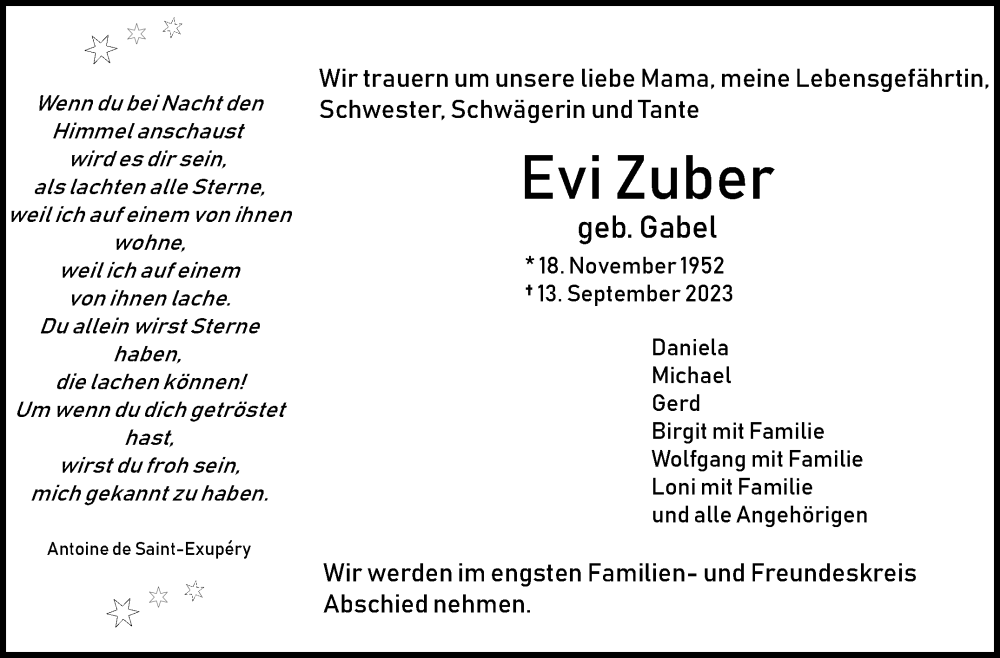  Traueranzeige für Evi Zuber vom 18.09.2023 aus 