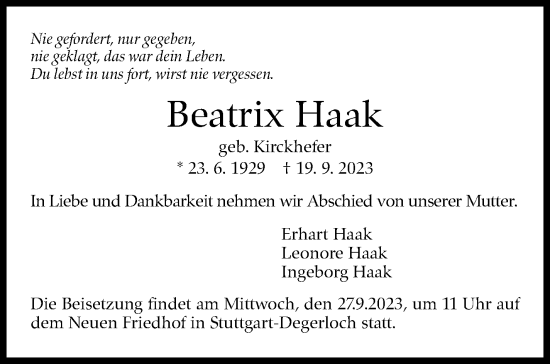 Traueranzeige von Beatrix Haak von Stuttgarter Zeitung / Stuttgarter Nachrichten