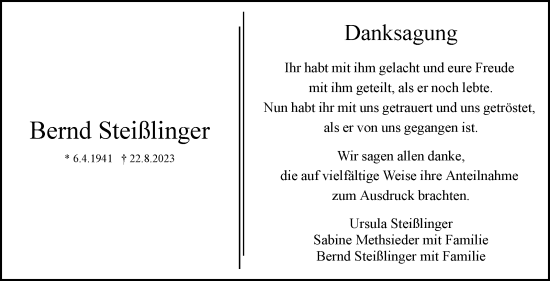 Traueranzeige von Bernd Steißlinger von Stuttgarter Zeitung / Stuttgarter Nachrichten