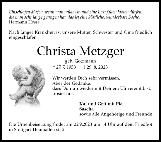 Traueranzeige von Christa Metzger von Stuttgarter Zeitung / Stuttgarter Nachrichten