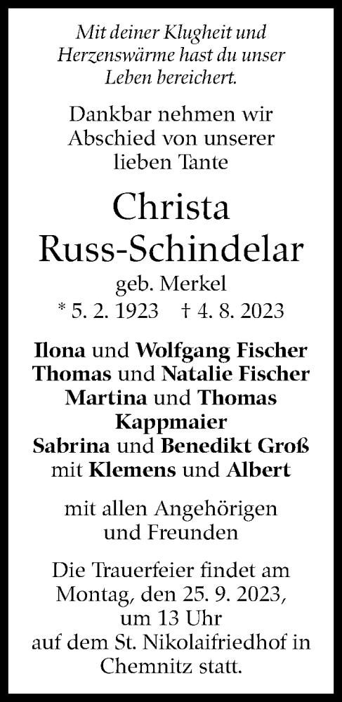  Traueranzeige für Christa Russ-Schindelar vom 09.09.2023 aus Stuttgarter Zeitung / Stuttgarter Nachrichten