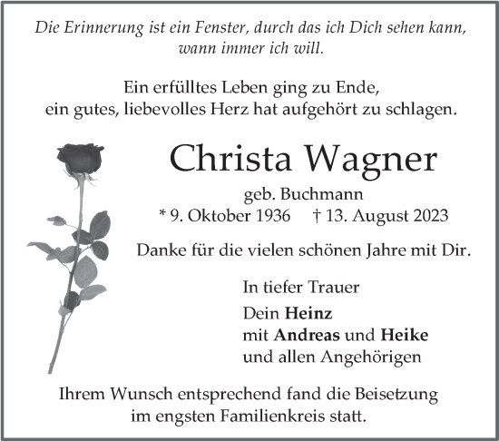 Traueranzeige von Christa Wagner von Stuttgarter Zeitung / Stuttgarter Nachrichten
