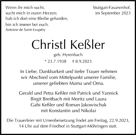 Traueranzeige von Christl Keßler von Stuttgarter Zeitung / Stuttgarter Nachrichten