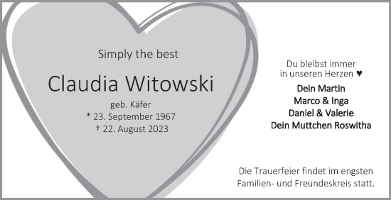Traueranzeige von Claudia Witowski von Stuttgarter Zeitung / Stuttgarter Nachrichten
