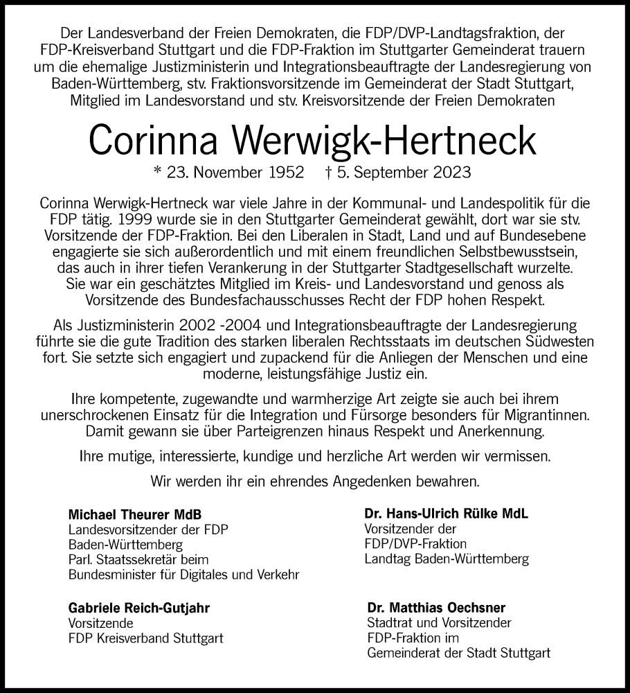 Traueranzeige für Corinna Werwigk-Hertneck vom 09.09.2023 aus Stuttgarter Zeitung / Stuttgarter Nachrichten