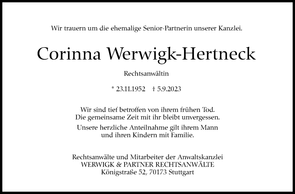  Traueranzeige für Corinna Werwigk-Hertneck vom 09.09.2023 aus Stuttgarter Zeitung / Stuttgarter Nachrichten