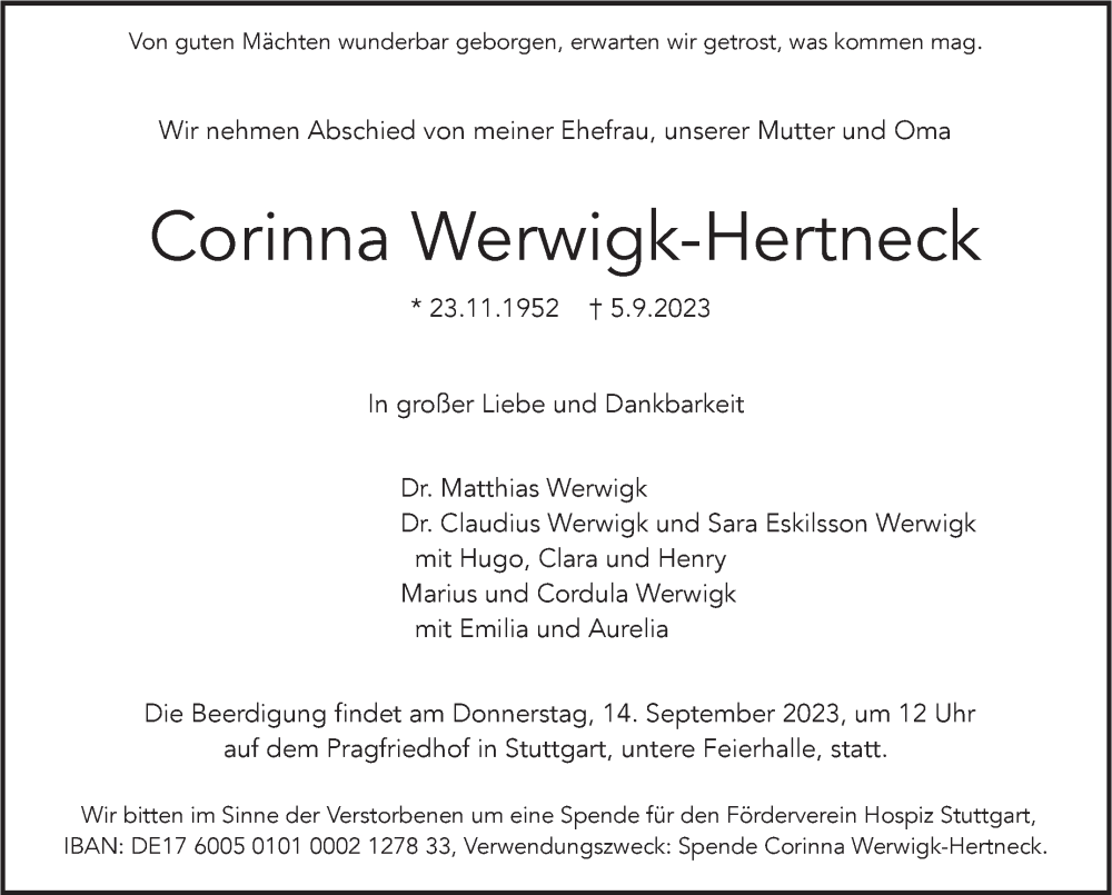  Traueranzeige für Corinna Werwigk-Hertneck vom 09.09.2023 aus Stuttgarter Zeitung / Stuttgarter Nachrichten