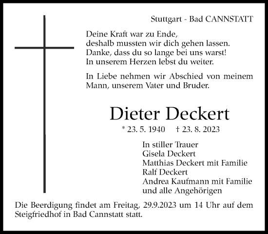 Traueranzeige von Dieter Deckert von Stuttgarter Zeitung / Stuttgarter Nachrichten