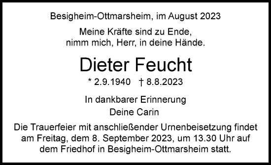 Traueranzeige von Dieter Feucht von Stuttgarter Zeitung / Stuttgarter Nachrichten