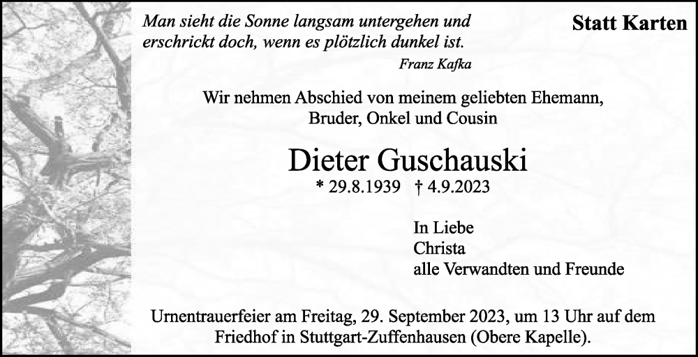  Traueranzeige für Dieter Guschauski vom 11.09.2023 aus Stuttgarter Zeitung / Stuttgarter Nachrichten