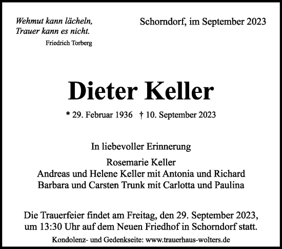 Traueranzeige von Dieter Keller von Stuttgarter Zeitung / Stuttgarter Nachrichten