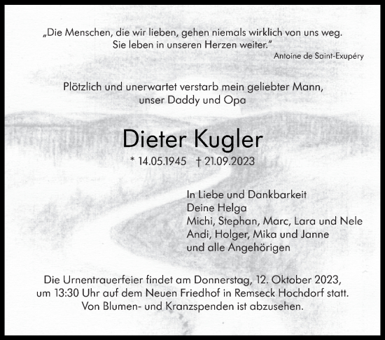 Traueranzeige von Dieter Kugler von Stuttgarter Zeitung / Stuttgarter Nachrichten
