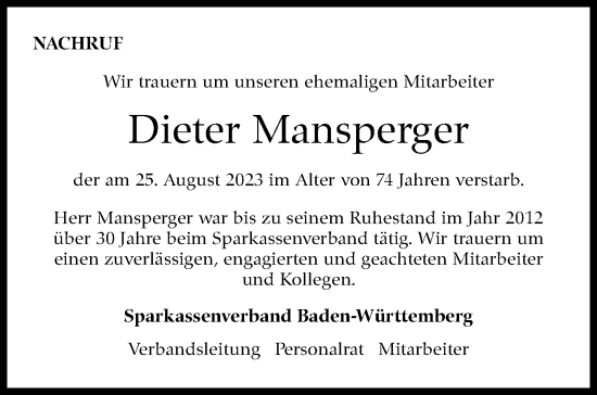 Traueranzeige von Dieter Mansperger von Stuttgarter Zeitung / Stuttgarter Nachrichten