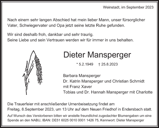 Traueranzeige von Dieter Mansperger von Stuttgarter Zeitung / Stuttgarter Nachrichten