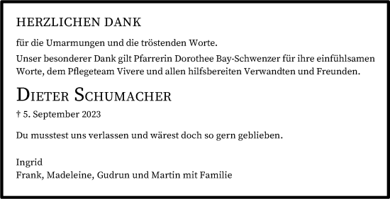 Traueranzeige von Dieter Schumacher von Stuttgarter Zeitung / Stuttgarter Nachrichten