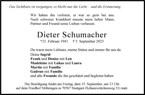 Traueranzeige von Dieter Schumacher von Stuttgarter Zeitung / Stuttgarter Nachrichten