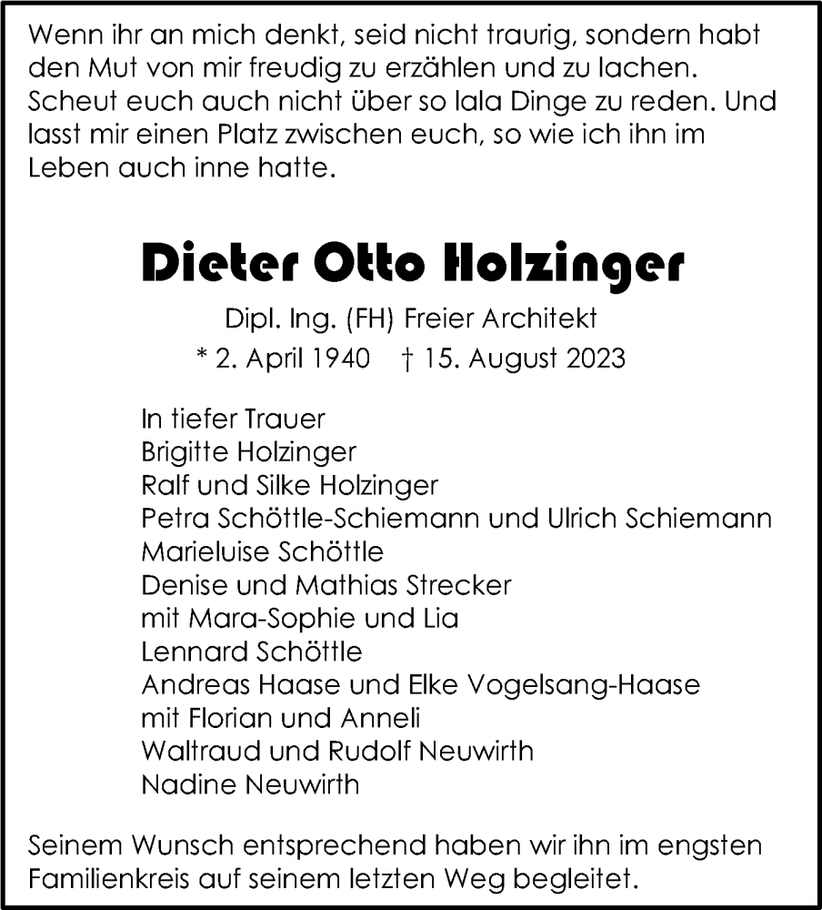  Traueranzeige für Dieter Otto Holzinger vom 02.09.2023 aus Stuttgarter Zeitung / Stuttgarter Nachrichten