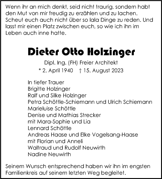 Traueranzeige von Dieter Otto Holzinger von Stuttgarter Zeitung / Stuttgarter Nachrichten