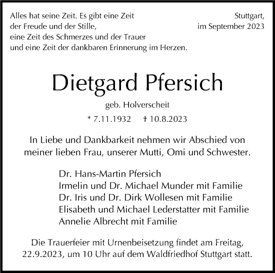 Traueranzeige von Dietgard Pfersich von Stuttgarter Zeitung / Stuttgarter Nachrichten