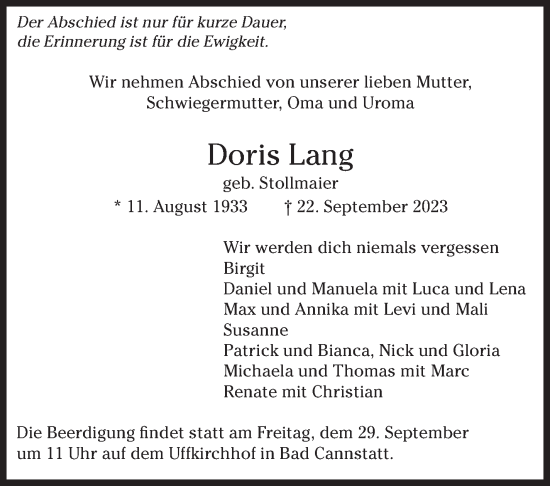 Traueranzeige von Doris Lang von Stuttgarter Zeitung / Stuttgarter Nachrichten