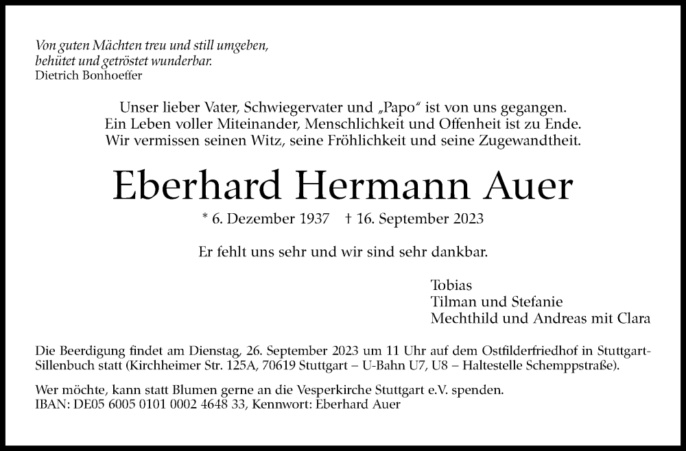  Traueranzeige für Eberhard Hermann Auer vom 23.09.2023 aus Stuttgarter Zeitung / Stuttgarter Nachrichten
