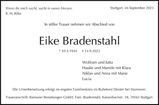 Traueranzeige von Eike Bradenstahl von Stuttgarter Zeitung / Stuttgarter Nachrichten