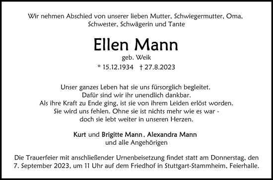 Traueranzeige von Ellen Mann von Stuttgarter Zeitung / Stuttgarter Nachrichten
