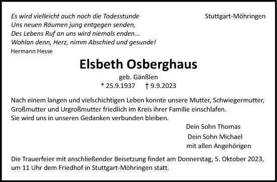 Traueranzeige von Elsbeth Osberghaus von Stuttgarter Zeitung / Stuttgarter Nachrichten