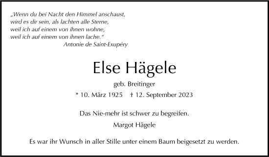 Traueranzeige von Else Hägele von Stuttgarter Zeitung / Stuttgarter Nachrichten