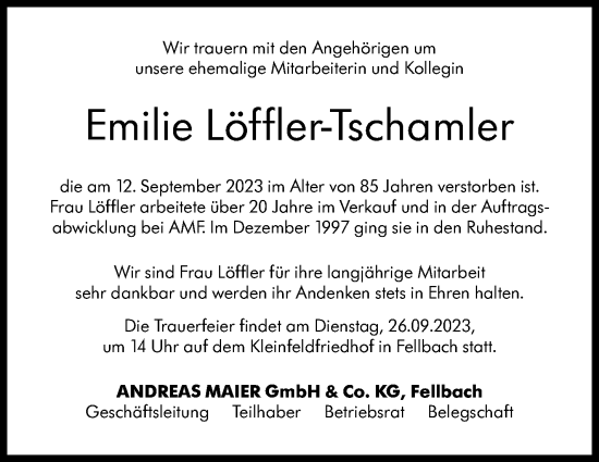 Traueranzeige von Emilie Löffler-Tschamler von Stuttgarter Zeitung / Stuttgarter Nachrichten