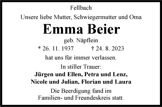 Traueranzeige von Emma Beier von Stuttgarter Zeitung / Stuttgarter Nachrichten