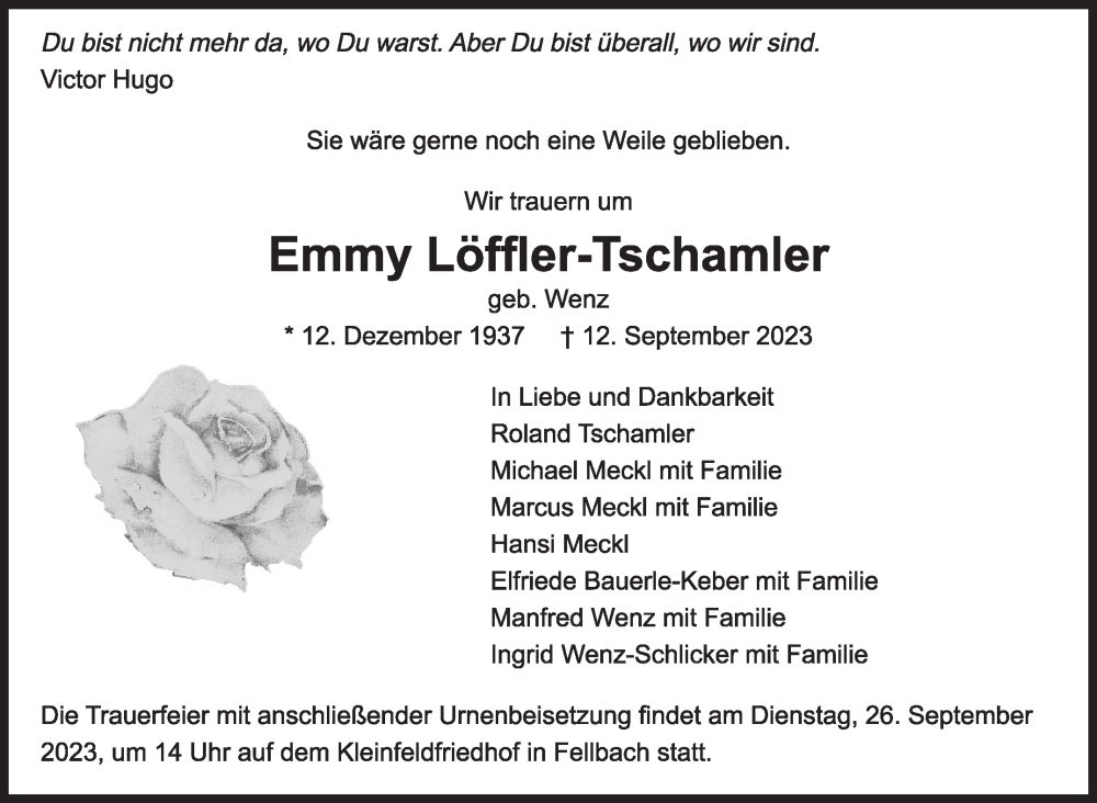  Traueranzeige für Emmy Löffler-Tschamler vom 21.09.2023 aus Stuttgarter Zeitung / Stuttgarter Nachrichten