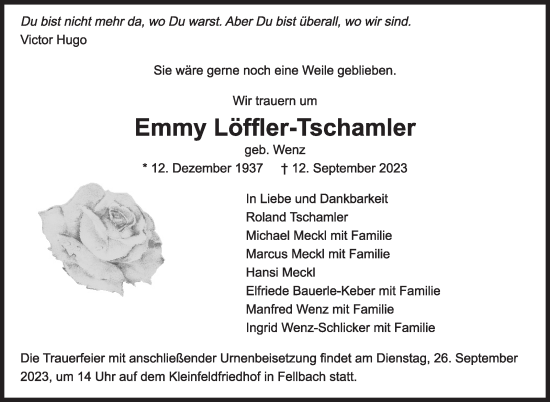 Traueranzeige von Emmy Löffler-Tschamler von Stuttgarter Zeitung / Stuttgarter Nachrichten