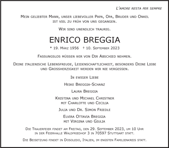 Traueranzeige von Enrico Breggia von Stuttgarter Zeitung / Stuttgarter Nachrichten