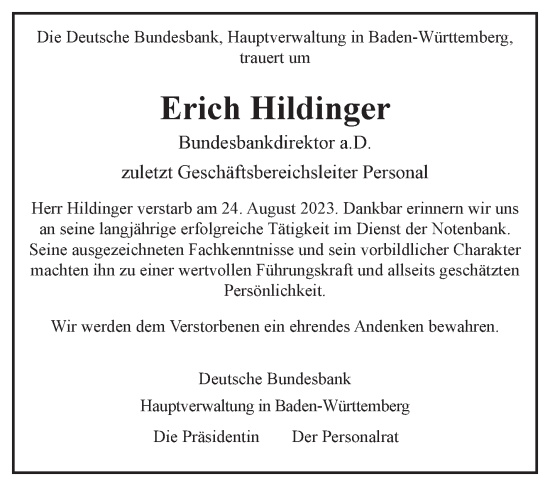Traueranzeige von Erich Hildinger von Stuttgarter Zeitung / Stuttgarter Nachrichten