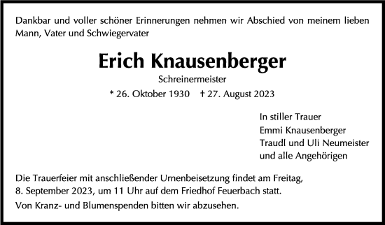 Traueranzeige von Erich Knausenberger von Stuttgarter Zeitung / Stuttgarter Nachrichten