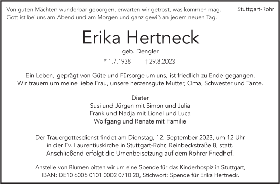 Traueranzeige von Erika Hertneck von Stuttgarter Zeitung / Stuttgarter Nachrichten