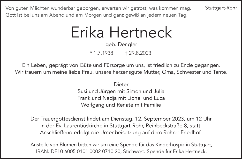  Traueranzeige für Erika Hertneck vom 02.09.2023 aus Stuttgarter Zeitung / Stuttgarter Nachrichten