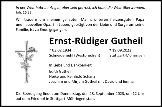 Traueranzeige von Ernst-Rüdiger Gutheil von Stuttgarter Zeitung / Stuttgarter Nachrichten