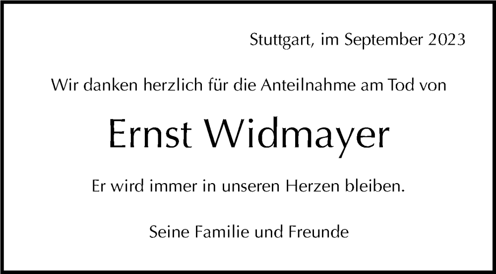  Traueranzeige für Ernst Widmayer vom 02.09.2023 aus Stuttgarter Zeitung / Stuttgarter Nachrichten