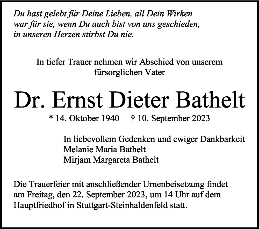  Traueranzeige für Ernst Dieter Bathelt vom 16.09.2023 aus Stuttgarter Zeitung / Stuttgarter Nachrichten