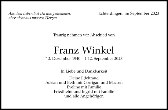Traueranzeige von Franz Winkel von Stuttgarter Zeitung / Stuttgarter Nachrichten