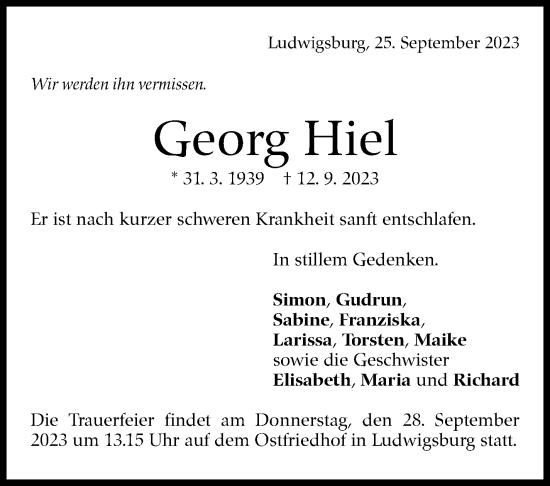 Traueranzeige von Georg Hiel von Stuttgarter Zeitung / Stuttgarter Nachrichten