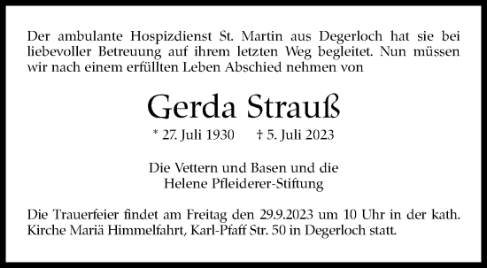 Traueranzeige von Gerda Strauß von Stuttgarter Zeitung / Stuttgarter Nachrichten
