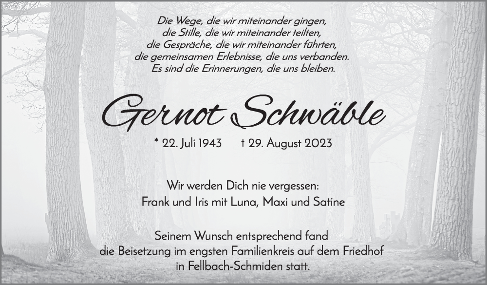  Traueranzeige für Gernot Schwäble vom 08.09.2023 aus Stuttgarter Zeitung / Stuttgarter Nachrichten